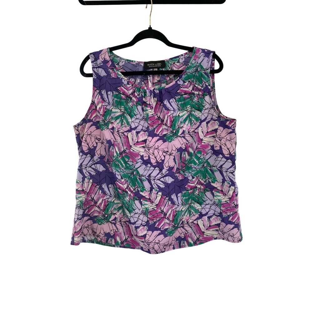 Black Label by Evan-Picone Tank Top Women XL Purple Floral Abstract Shell Blouse